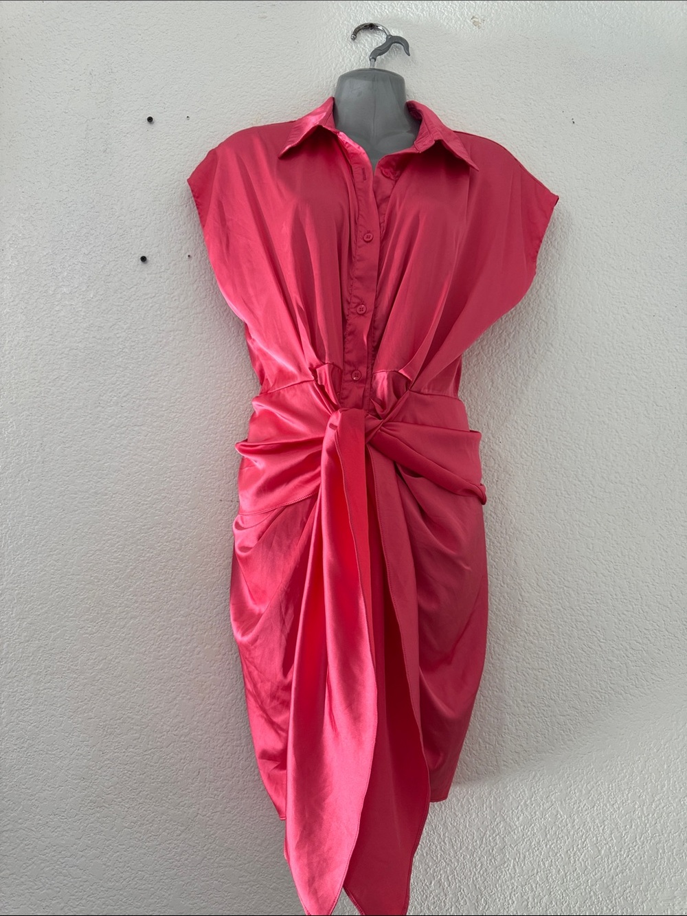 Vibrant Pink Tie-Waist Midi Shirt Dress
